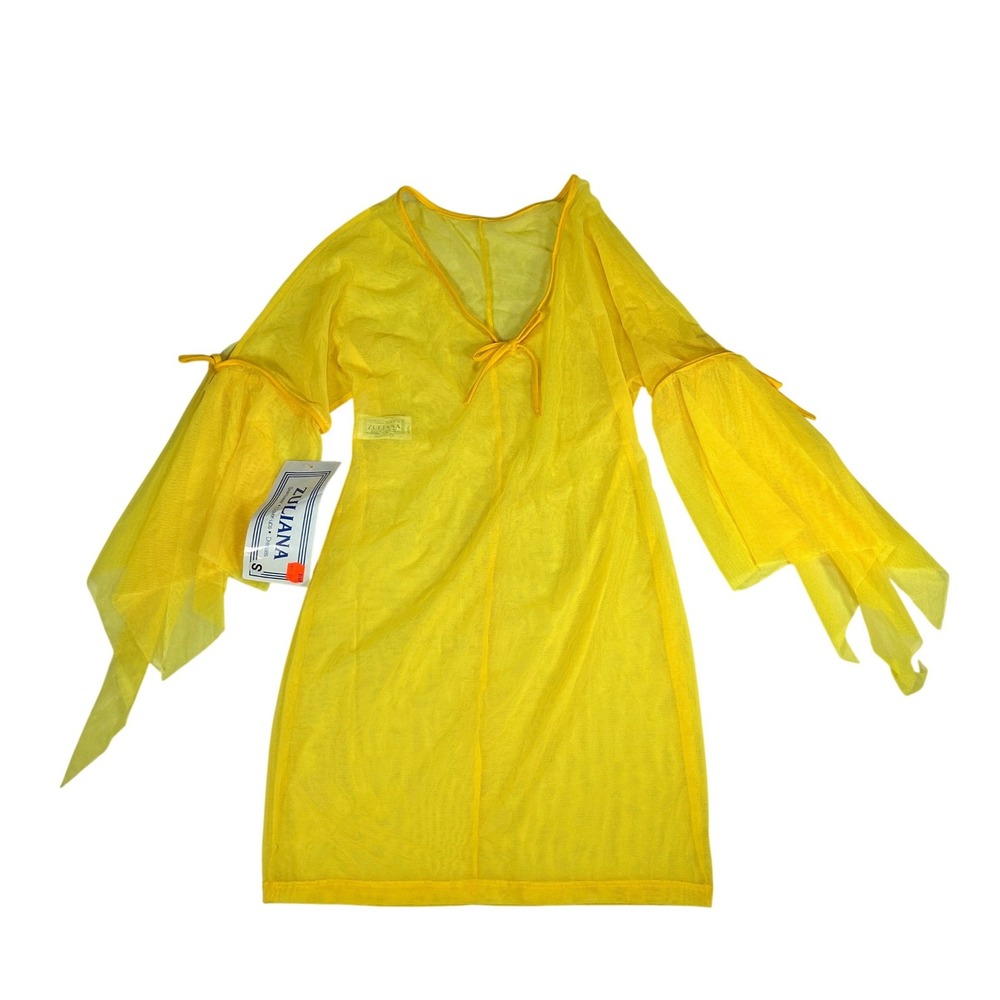 Zuliana VTG Y2K Yellow Sheer Mesh Swim Cover Up Bell Sleeve Tie V-Neck Small NWT